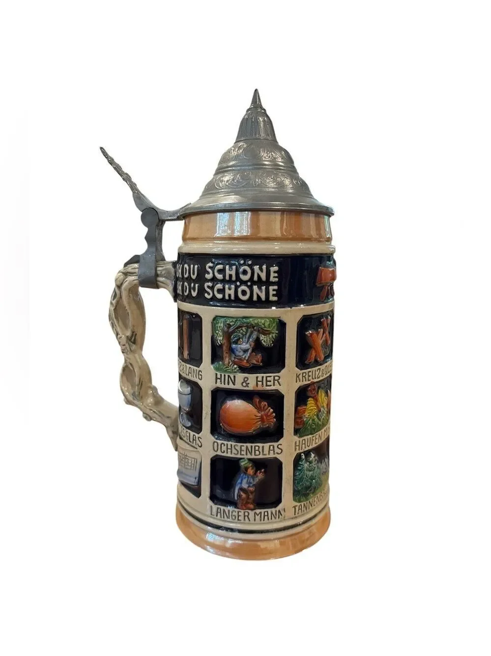 70s THEWALT OH DU SCHONE SCHNITZELBANK GERMAN BEER STEIN W PEWTER LID W BROCHURE